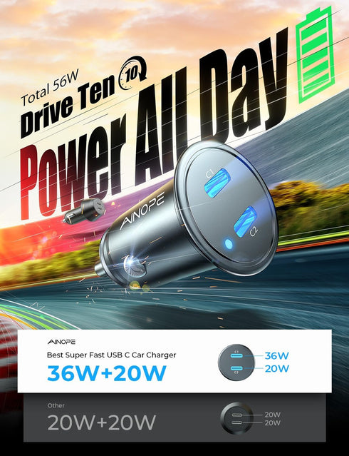 AINOPE 56W Car Charger USB C Adapter, Super Fast PD & QC 3.0 USB C Car Charger Fast Charging, Smallest All Metal USB C Fast Car Charger Fit for Sa...
