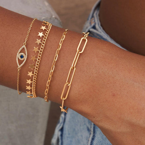 Dremmy Studios Gold Bracelet for Women 18K Gold Plated Dainty Paperclip Cubic Zirconia Disc Coin Star Cable Satellite Bead Pearl Simple Boho Minim...
