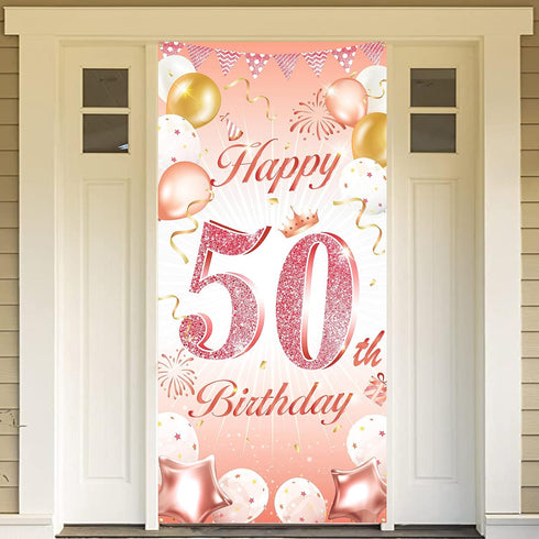 DPKOW Rose Gold 50th Birthday Banner - Backdrop, Wall & Garden Decoration, 185 x 90cm Fabric...