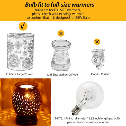 Wax Warmer Bulbs 6 Pack, G50 25 Watt Light Bulbs for Full Size Scentsy Warmers, E12 Base G16.5 Globe Clear Bulb for Candle Wax Warmer, Long Lifesp...
