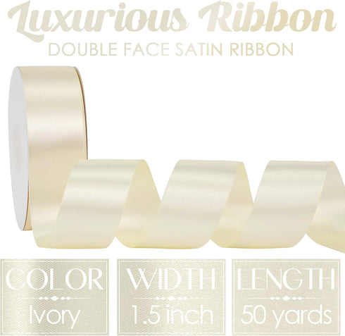MEEDEE Ivory Satin Ribbon 1-1/2 Inch Ivory Ribbon Lux Satin Double Faced Satin Ribbon by 50 Yards Ivory Beige Polyester Satin Ribbon for Crafts, S...