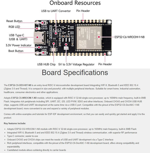 ESP32-C6 Microcontroller Wi-Fi 6 Development Board Integrates Wi-Fi 6, Bluetooth 5 and IEEE 802.15.4, up to 160MHz Frequency, 8MB Flash, Supports ...