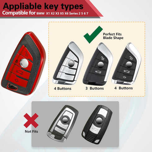 for BMW Keychain with Leather Keychain, Advanced Blade Shape Soft TPU Surface Grain Car Key Case for New BMW Smart Key (Red B)...