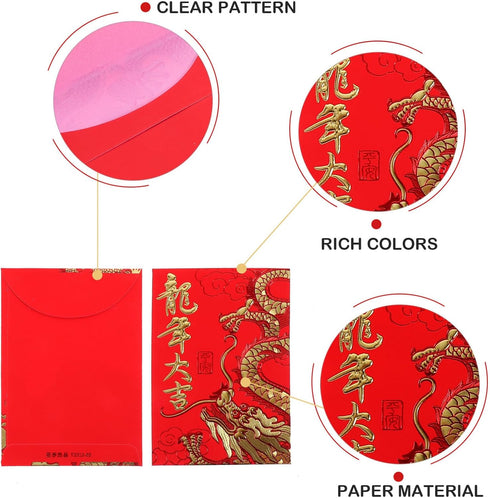 60pcs Red Envelopes 2024 Dragon Chinese New Year Money Pockets Lucky Hong Bao Money Envelopes Cash Packets for New Year Spring Festival Weeding...