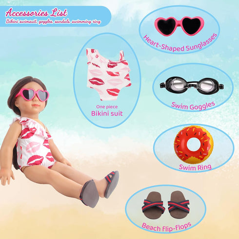 18 Inch Doll Swim Accessories Set, Passionate Doll Beach Sunbathing Playset for American doll Girls, includes Doll Bikini Swimsuits, Heart-shaped ...