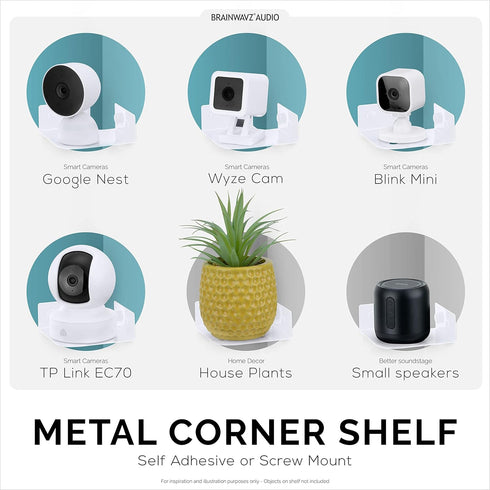 BRAINWAVZ Small Metal Corner Shelf for Security Cameras, Baby Monitors, Speakers, Home Decor & More Universal Shelf Adhesive & Screw-in Wall Mount...