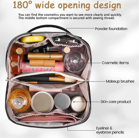 HLC Large Capacity Travel Cosmetic Bag Portable Makeup Bag, PU Leather Waterproof Women Travel Make up Bag Organizer with Handle and Divider Cosme...