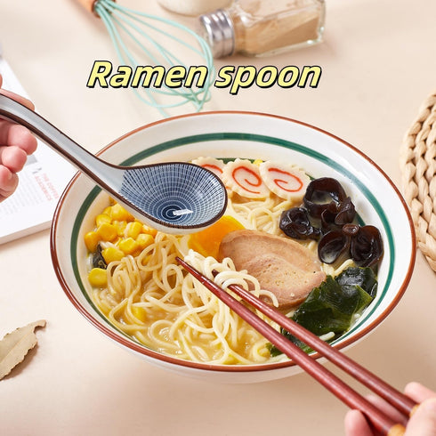 Ceramic Asian Soup Spoon set of 4, Japanese Ramen Spoon in Different Pattern, Perfect for Ramen, Noodle, Chinese Wonton, Vietnamese Pho, Soup Dump...