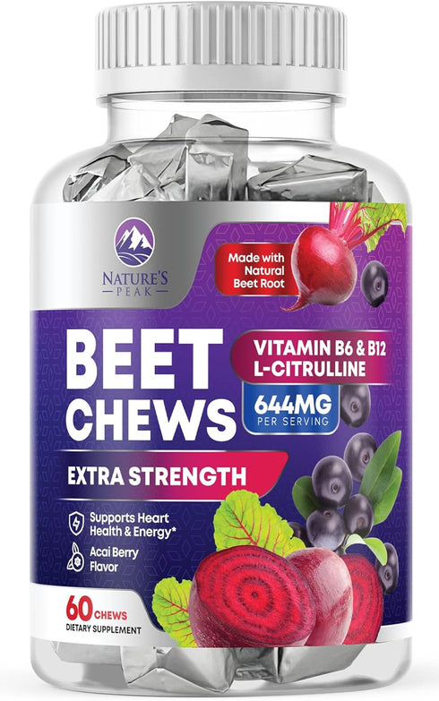 Beet Chews - Soft Beet Root Chewables with Grape Seed Extract Supports Heart Health & Energy with Powerful Antioxidants - Beetroot Nitric Oxide Su...