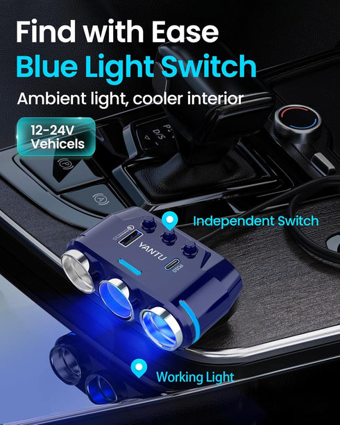 YANTU Cigarette Lighter Adapter, Car Charger Adapter 3 Socket Cigarette Lighter Splitter with LED Voltage Display PD/QC 3.0 Charger On/Off Switche...