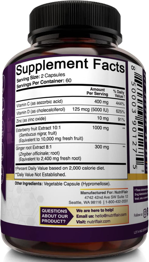 NutriFlair Sambucus Elderberry, 120 Veggie Capsules - 5 in 1 Immune Support and Antioxidant Supplement with Vitamin C, Vitamin D3 5000 IU, Zinc, G...