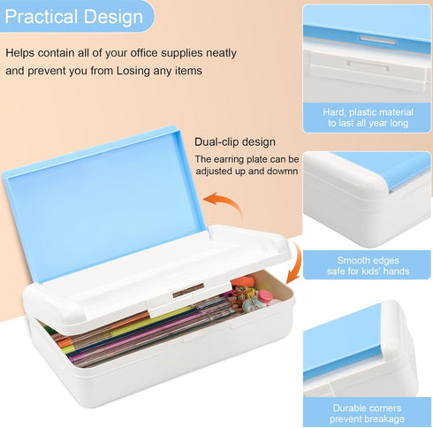 Pencil Box for Office Supplies Storage Organizer Box,Double Layer Large Capacity Pencil Boxes,Plastic Crayon Box with Snap-tight Lid,Stackable Sto...