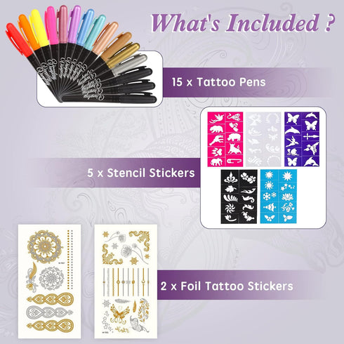 Temporary Tattoo Pen Tattoo Markers Tattoo Kit Face Paint with 15 Tattoo Pens 5 Tattoo Stencils and 2 Tattoos Stickers Gifts for Teenage Girls Boy...