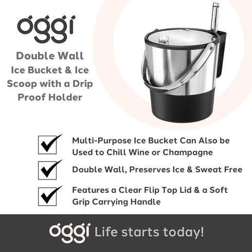 Oggi Insulated Ice Bucket, 4 Quart / 3.8 L, Stainless Steel, Black....