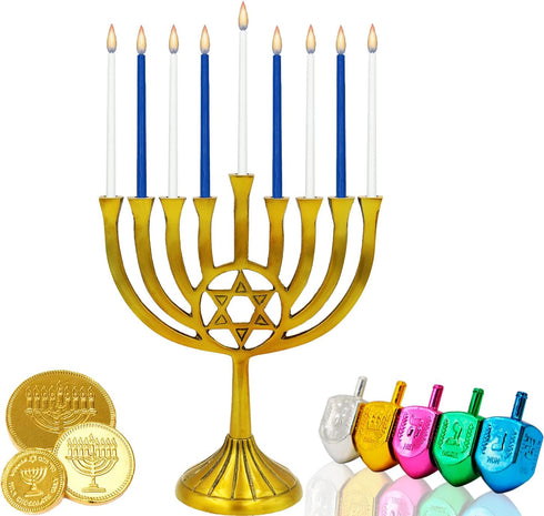 The Dreidel Company Deluxe Tapered Hanukkah Menorah Candles for All 8 Nights of Chanukah (Blue/White)...