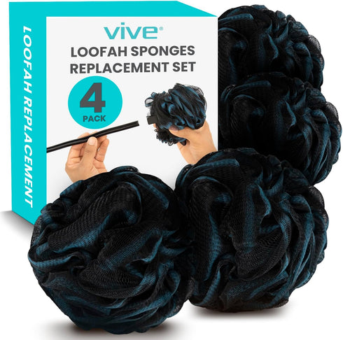 Vive Loofah Sponge Replacement Set for Shower, Bath (4 Pack) - Exfoliating Scrubber for Men & Women - Body Wash Scrubber - Use with Vive Bendable ...