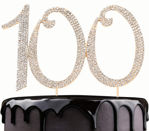 100 Years Birthday Cake Topper - New Best Crystal Rhinestone 100th Wedding Anniversary Or 100 Years Old Cake Topper Party Decoration Gold...