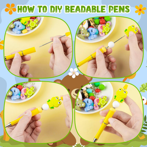 12Pcs Plastic Beadable Pens, Bead Pens with Animals Silicone Beads, Crystal Spacer Beads, Black Ink Ballpoin for DIY Gifts School Office Supplies...