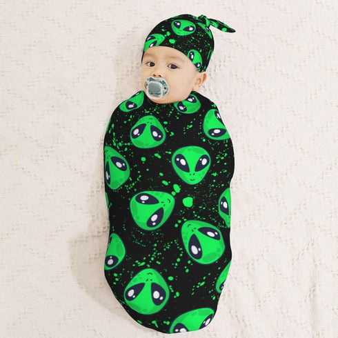 Green Alien Head Newborn Swaddle Blankets Hat Sets Soft Baby Receiving Blanket Swaddle Sack for Baby Shower Infant Boy Girl Gift...