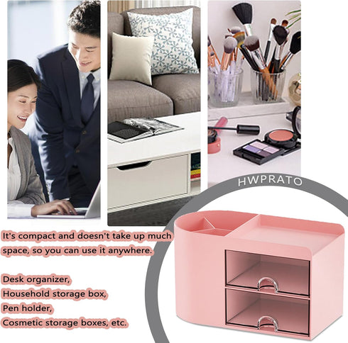 Cute Pen Organizer with Drawer, Multi-Functional Small Desktop Accessories Organizers, Pencil Holder for Desk Office Art Supplies (Rounded Desk Or...