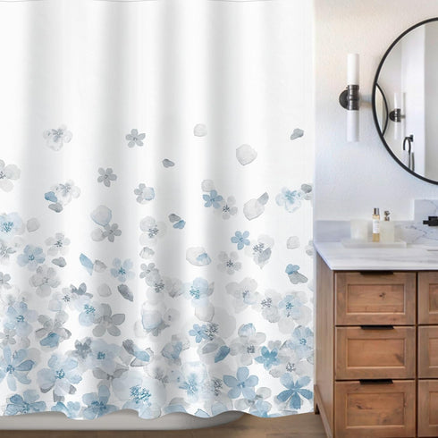 Sunlit Design Extra Long Simple Style Blue and Gray Flower Blossoms Fabric Shower Curtains for Bathroom Decor with White Background...