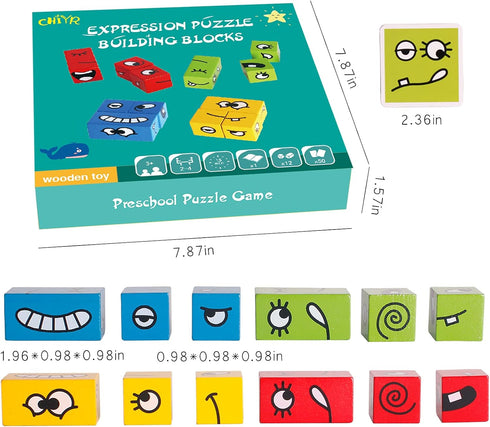 Wooden Expressions Matching Block Puzzles Building Cubes Toy Borad Games Educational Montessori Toys for Kids Ages 3 Years and Up...