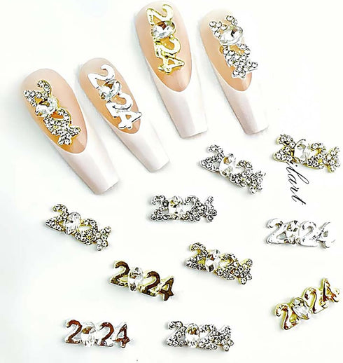 2024 Nail Art Decorations 2024 Number Nail Rhinestone Rivet 3D Alloy Nail Glitter Design Metal Digit Nail Diamond Supplies for Women Girls Manicur...