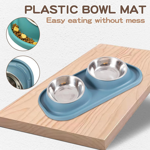 BNOSDM Double Dog Bowl Tilted Raised Stainless Steel Dog Bowls with Plastic Mat, Cat Basic Food and Water Bowl Set for Small Dog Pet Kitten Puppy...