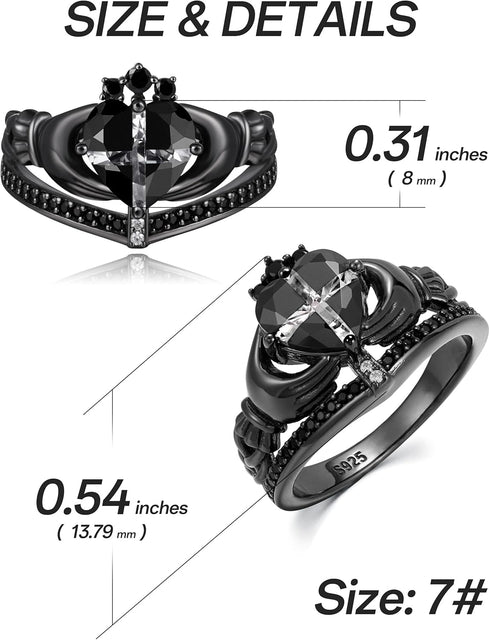 Women's Irish Claddagh Ring - 925 Sterling Silver Black Cross Heart Shape Cubic Zirconia 7 Ring Engagement Wedding Love Crown Ring Timeless Classi...