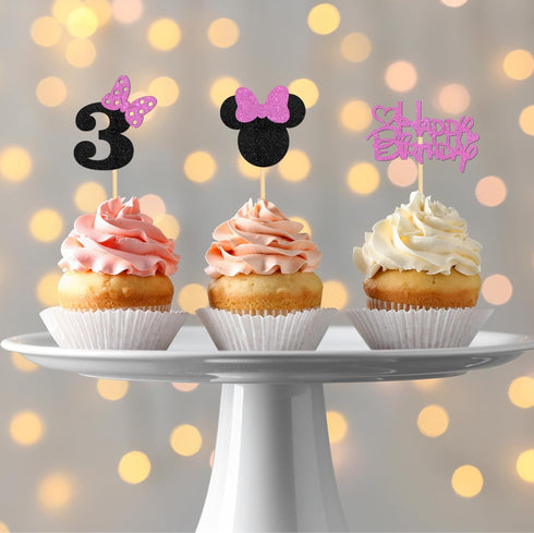 Pink Glitter Mini Mouse Inspired Cupcake Toppers with Bow - Kids Girls 3rd Birthday Baby Shower Party Cupcake Decorations - Cartoon Theme Pink Mou...