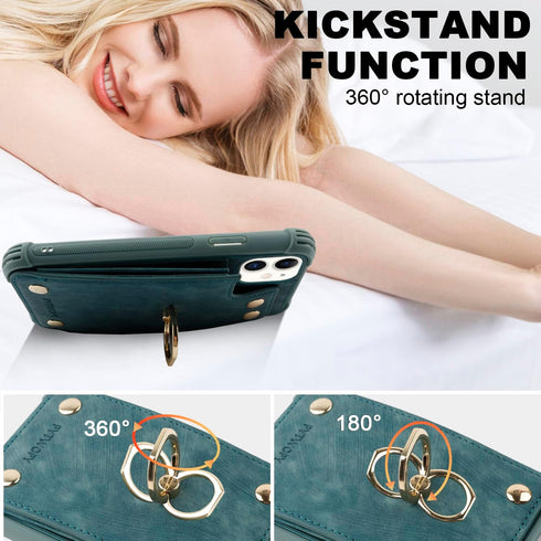 iPhone 11 Wallet Case with Credit Card Holder,Leather Shockproof Protective Phone Cover Supports 360°Rotation Ring Stand and RFID Blocking for App...