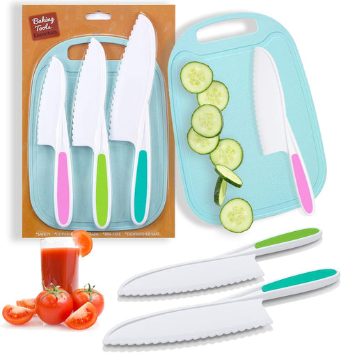 Kids Knife Set for Real Cooking, 4 Pieces Toddler Knife Set, Nylon Kitchen Baking Knife with Cutting Board, Firm Grip, Serrated Edges Kids Knives ...