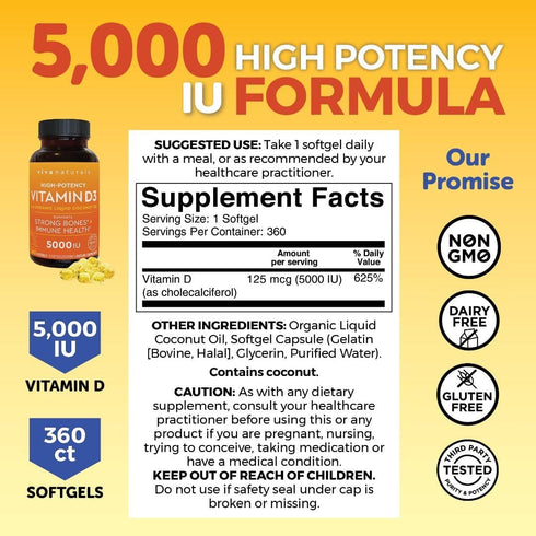 Viva Naturals D3 Vitamin 5000 IU Softgels (125 mcg), 360 Softgels - High Potency Vitamin D Supplements for Healthy Immune Function, Bones & Muscle...