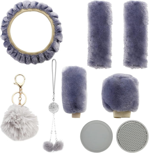 1 Set 9 Pieces Fluffy Steering Wheel Covers Soft Fur Fuzzy Steering Wheel Covers for Women and Girls 15 Inch, Gray...