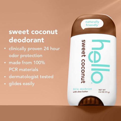 hello Sweet Coconut Deodorant With Shea Butter for Women + Men, Aluminum Free, Baking Soda Free, Parabens Free, 24 Hour Odor Protection, 2.6 Ounce...