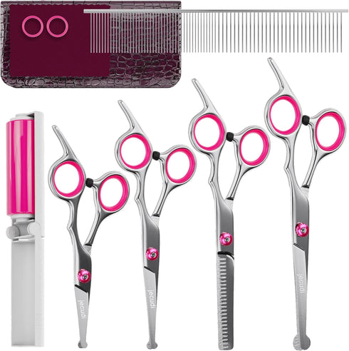 Dog Grooming Scissors With Safety Round Tips, 7 In 1 Pet Grooming Scissors Set, Pet Cutting Scissors Kit With Thinning, Straight, Curved Shears & ...