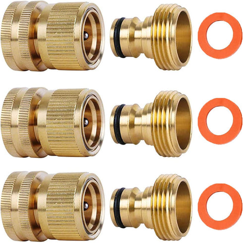 Garden Hose Quick Connectors, Solid Brass 3/4 inch GHT Thread Easy Connect Fittings No-Leak Water Hose Male Female Value Pack (3)...