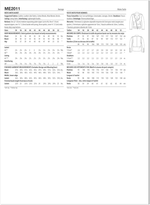 Know Me Men's Moto Jacket Sewing Pattern Kit by Norris Dánta Ford, Design Code ME2011, 44-46-48-50-52, Multicolor...