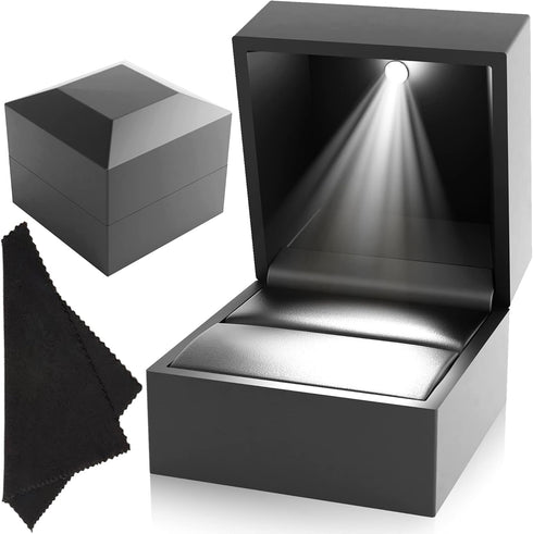 DANTE Luxury Engagement Ring Box With Light - Plush Velvet Wedding Case - Automatic LED Light Up Box - Premium Black - Ideal for Proposal, Anniver...