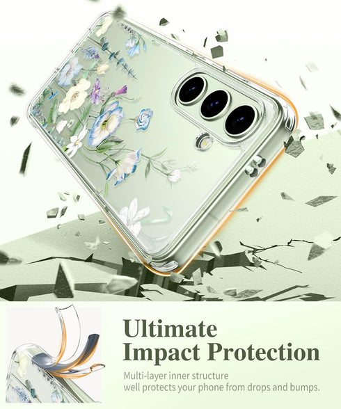 GVIEWIN for Samsung Galaxy S24 Case Floral, with Screen Protector & Camera Lens Protector, Hard PC&TPU Bumper Clear Shockproof Protective Women Ph...