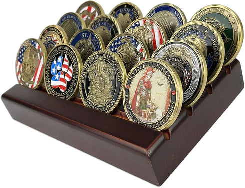 4 Rows Coin Holder, US Army Military Collectible Challenge Coin Display Case Wood Stand, Holds 12-16 Coins...