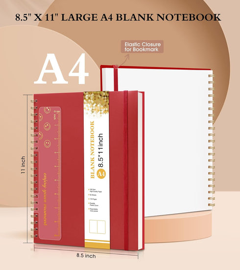 Blank Spiral Notebook Journal 8.5” x 11”, A4 Large Sketch Book for Women Men, 100 GSM Blank Paper Drawing Notebook, Plastic Hardcover Spiral Bound...