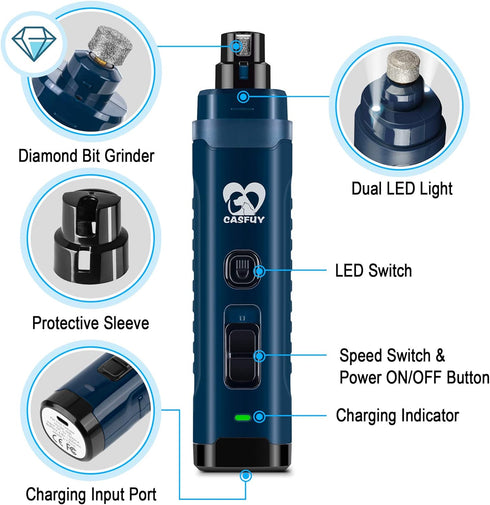 Casfuy Dog Nail Grinder with 2 LED Light - 4.8V Super Powerful 2-Speed Electric Pet Nail Trimmer for Medium Large Dogs Quiet Rechargeable Painless...