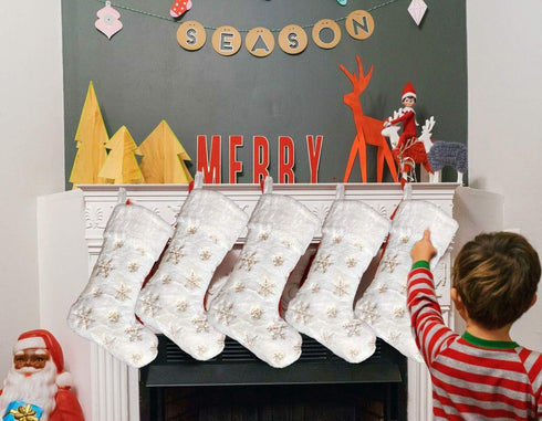 AOGU 3 Pack 22 Inch Faux Fur Sequin Snowflake Christmas Stockings Snowy White Christmas Stockings Hanging Ornaments Candy Gift Bags for Christmas ...