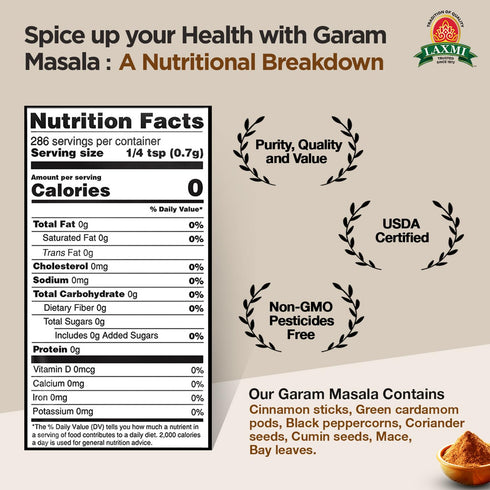 Laxmi Garam Masala 7 Oz (200gm) | A spicy and aromatic blend of our various salt free seasonings and spices | Non-GMO Product | For cooking and se...