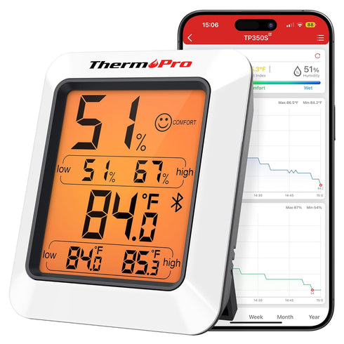 ThermoPro Hygrometer Thermometer for House TP350, Bluetooth Room Indoor Greenhouse Thermometer Monitor Up to 260FT, Backlit Humidity Meter Tempera...