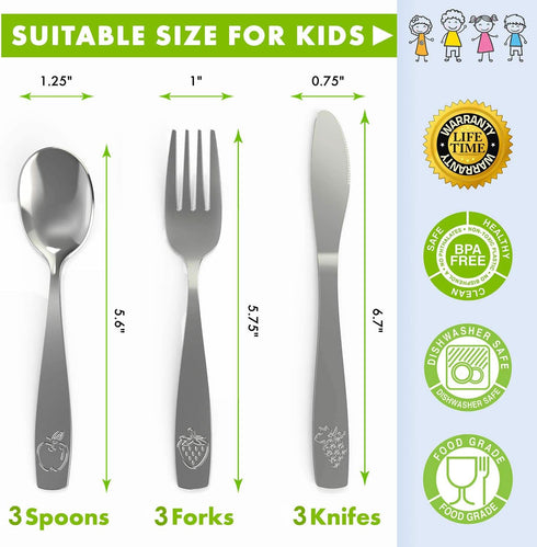9 Piece Stainless Steel Kids Silverware Set - Child and Toddler Safe Flatware - Kids Utensil Set - Metal Kids Cutlery Set Includes 3 Small Kids Sp...