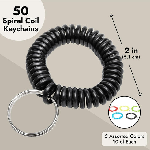 Juvale 50 Pack Spiral Coil Wrist Keychains - Stretchy Wristband Bracelet Key Rings (5 Assorted Colors)...