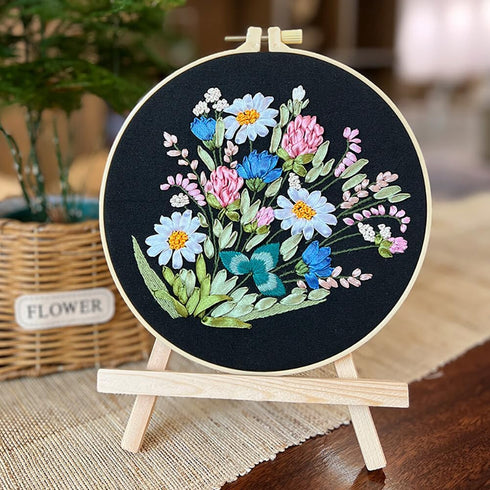 ikasus Embroidery Kit for Adult Beginners, Ribbon Embroidery Stitch Practice Kit Include Embroidery Cloth Hoops Threads for Craft Lover with Embro...
