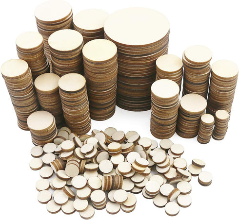 525 Pieces Unfinished Round Wooden Discs, 5 Size Wood Cutout Circles Chips for Arts & Crafts Projects...